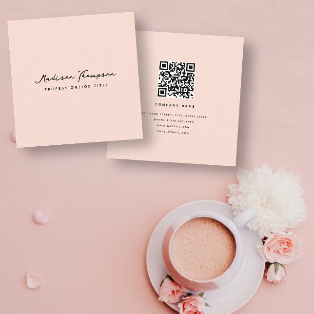 Modern Minimalist Signature Script QR Code Pink Square Business Card (Creator Uploaded)