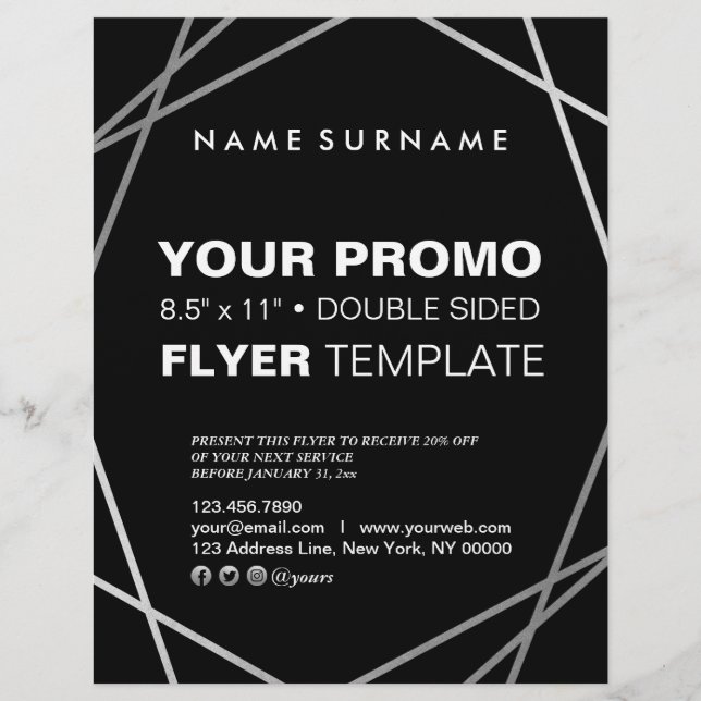 Modern Minimalist Silver Black Geometric 8.5"x11" Flyer (Front)