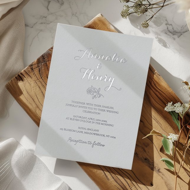 Modern Minimalist Silver Rose Line Art Wedding (modern minimalist silver rose wedding card)