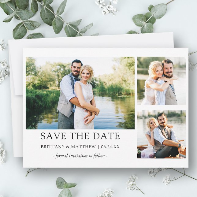 Modern Minimalist Simple 3 Photo Couple Save The Date (Customize to change text size, style or to add more text & photos to back of card.)