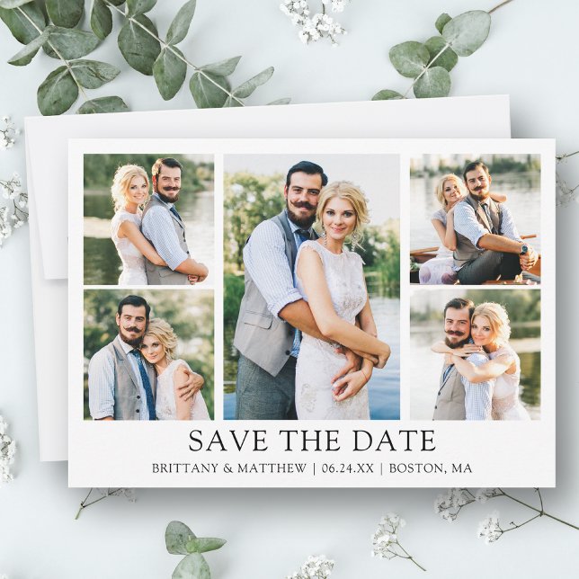 Modern Minimalist Simple 5 Photos Save The Date (Customize to change text size, style or to add more text & photos to back of card.)