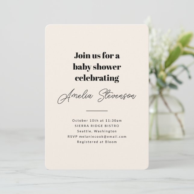 Modern Minimalist Simple Baby Shower Ivory Invitation (Standing Front)