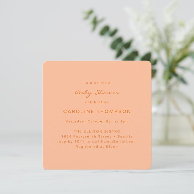 Modern Minimalist Simple Baby Shower Peach Square  Invitation (Standing Front)