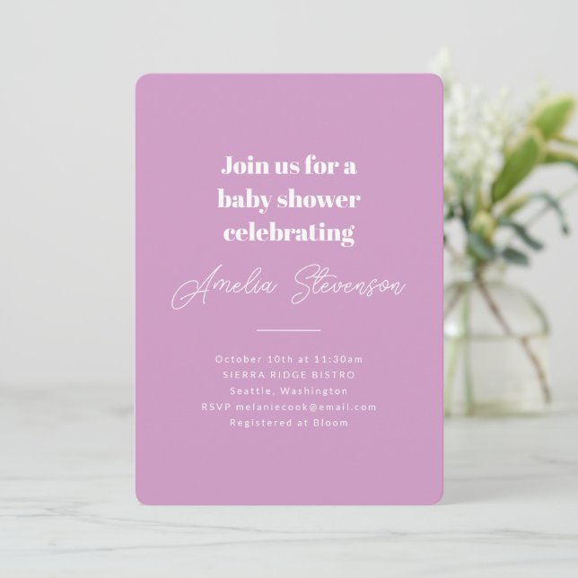 Modern Minimalist Simple Baby Shower Purple Invitation (Standing Front)