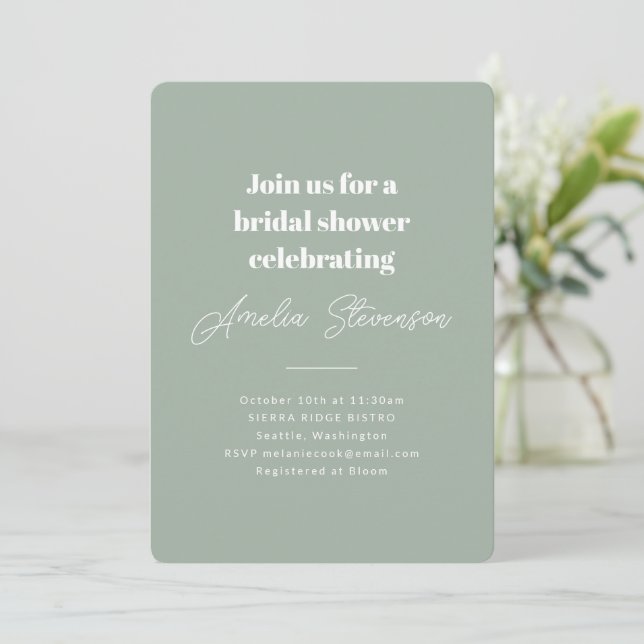 Modern Minimalist Simple Bridal Shower Sage Green Invitation (Standing Front)