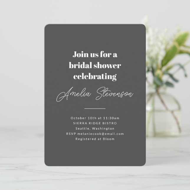 Modern Minimalist Simple Bridal Shower Soft Black Invitation (Standing Front)