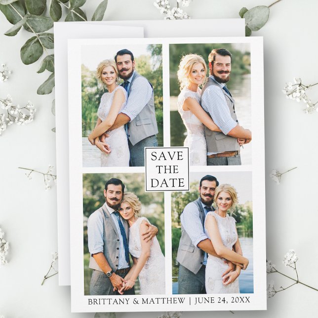 Modern Minimalist Simple Couple 4 Photo Save The Date (Customize to change text size, style or to add more text & photos to back of card.)
