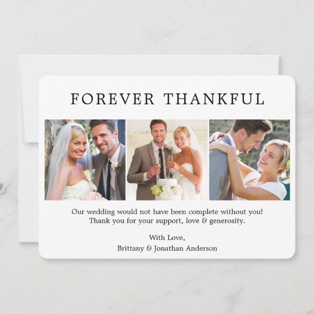 Modern Minimalist Simple Forever Thankful 3 Photo Thank You Card (Front)