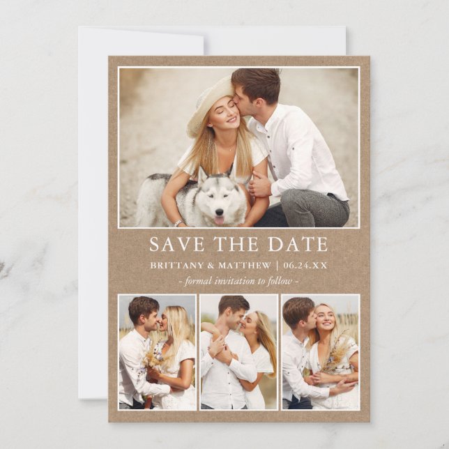 Modern Minimalist Simple Kraft 4 Photos Save The Date (Front)
