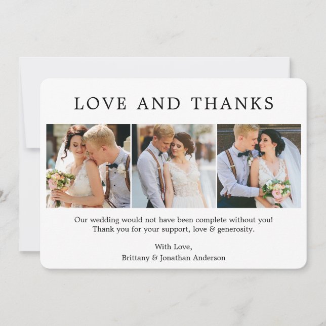 Modern Minimalist Simple Love Thanks 3 Photo Thank You Card (Front)