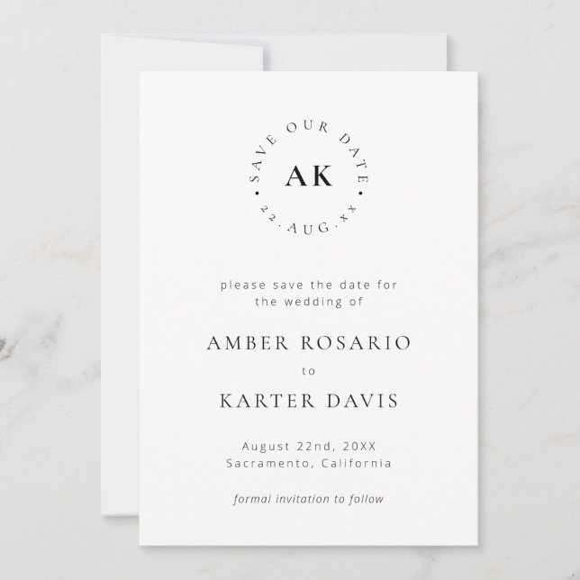 Modern Minimalist Simple Monogram Save The Date (Front)