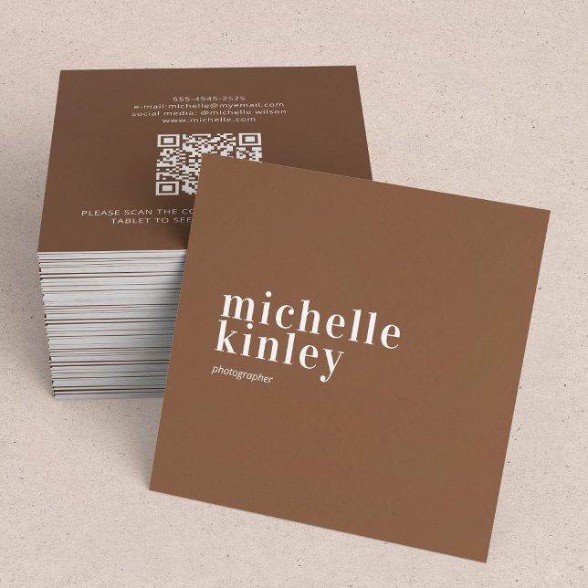 Modern minimalist simple QR code personal brown Square Business Card (Creator Uploaded)