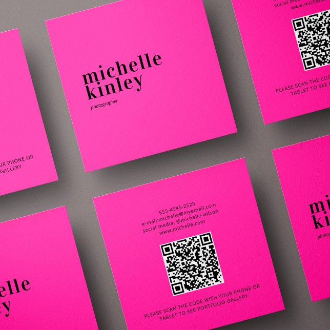 Modern minimalist simple QR code personal pink Square Business Card (Creator Uploaded)