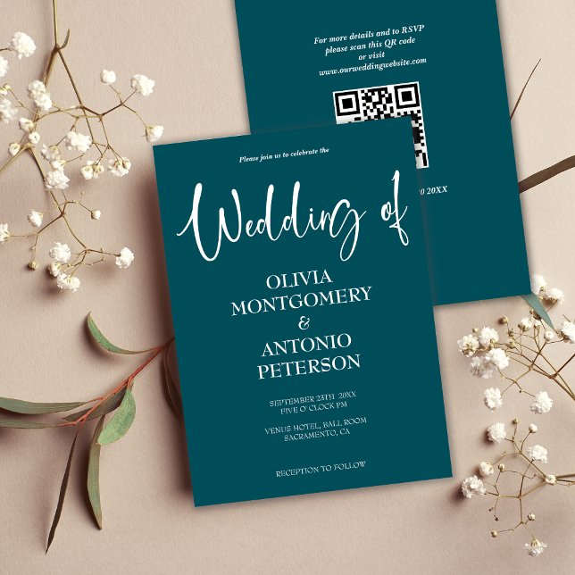 Modern Minimalist Simple QR Code Teal Wedding  Invitation (Creator Uploaded)