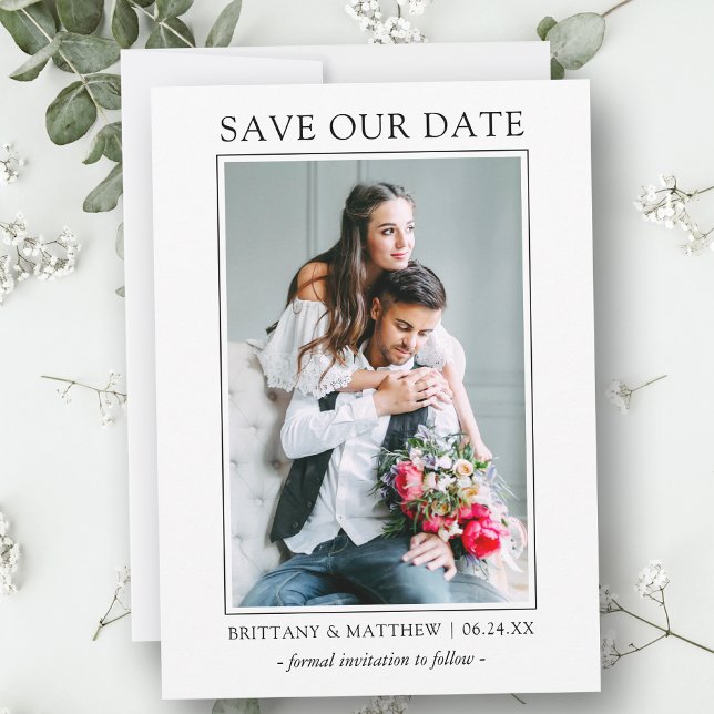 Modern Minimalist Simple Save Our Date Photo Card (Customize to change text size, style or to add more text & photos to back of card.)
