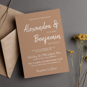 Modern minimalist simple script beige wedding invitation