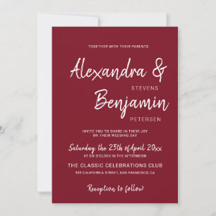 Modern minimalist simple script burgundy wedding invitation