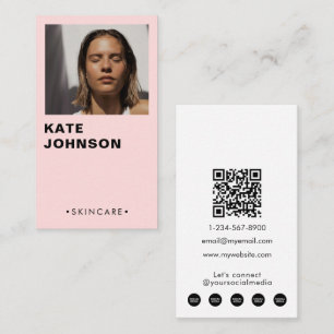 Modern Minimalist Skincare Photo QR Code Pink Business Card