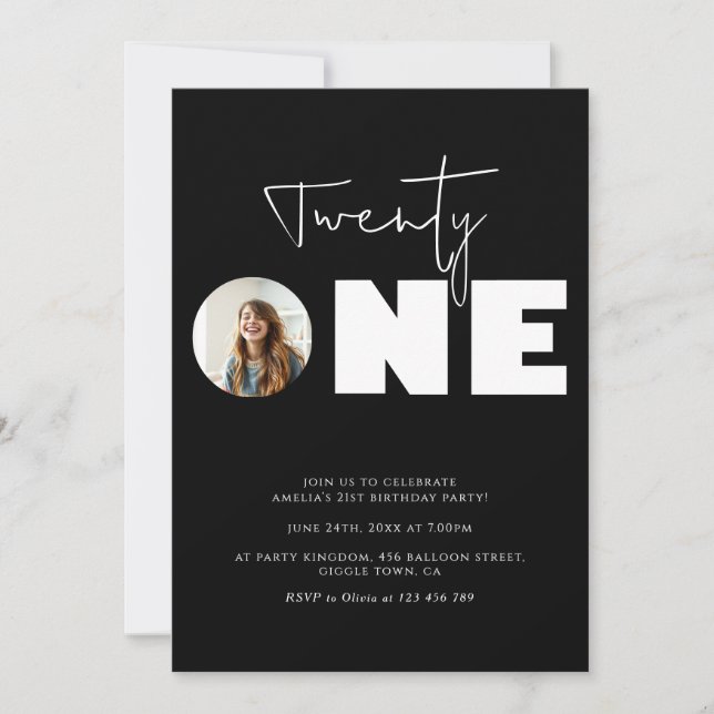 Modern Minimalist Sleek Black 21st Birthday Party Invitation (Front)