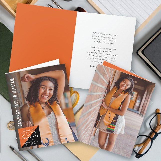 Modern Minimalist Split Square Photo Graduation Thank You Card (Modern Minimalist Orange Split Square Photo Graduation Thank You Card @ zazzle.com/color_therapy)