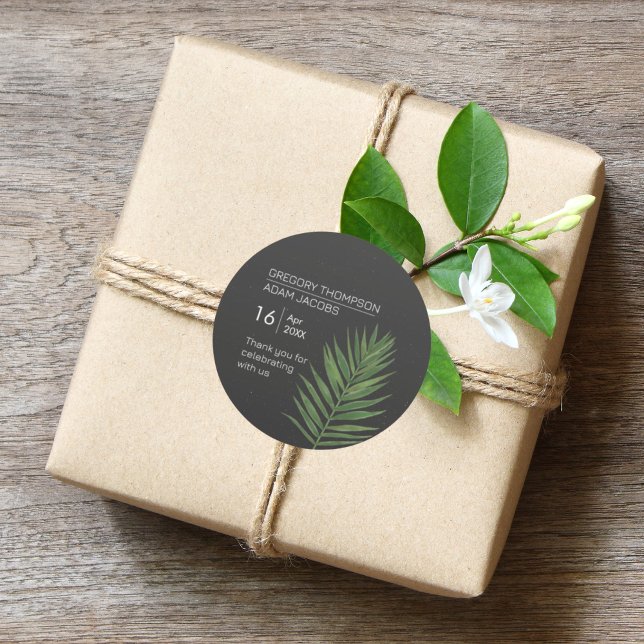 Modern Minimalist Starry Sky & Beach Palm Wedding Classic Round Sticker (Creator Uploaded)