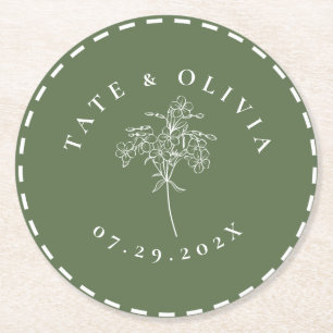 Modern Minimalist Stitched Edge Botanical Round Paper Coaster