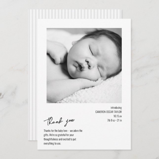 Modern Minimalist Stripe Baby Photo Birth Arrival Thank You Card (Front/Back)