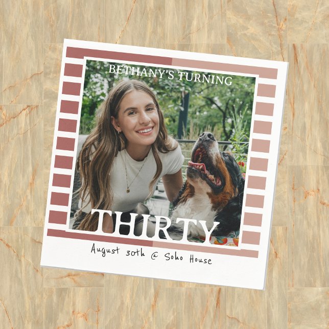 Modern Minimalist Striped 30th Birthday Photo Napkin (Celebrate the beginning of a new decade with this Modern Minimalist Striped 30th Birthday Napkin!)