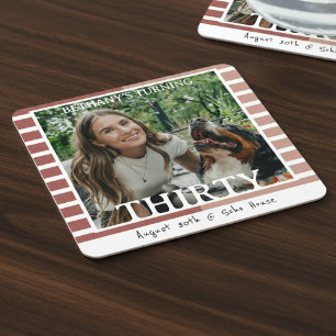 Modern Minimalist Striped 30th Birthday Photo Square Paper Coaster