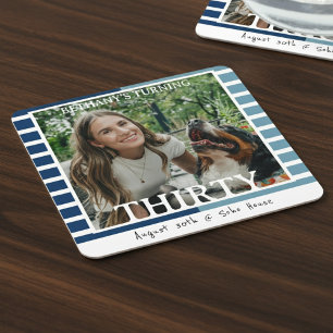 Modern Minimalist Striped 30th Birthday Photo Square Paper Coaster