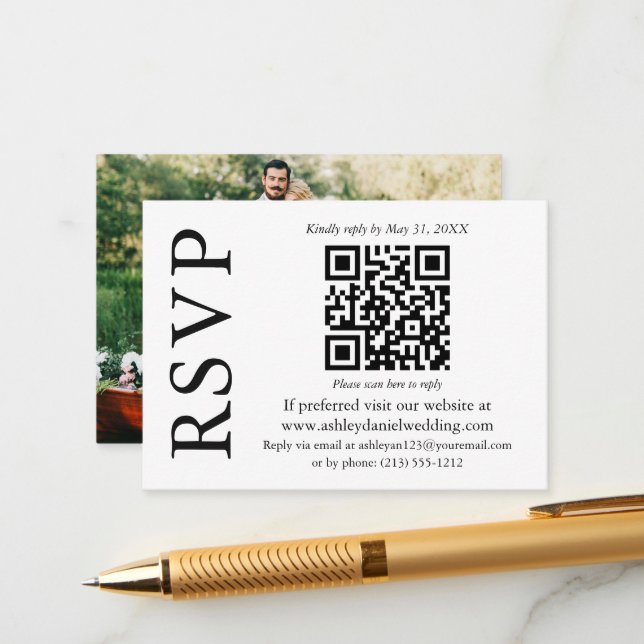 Modern Minimalist Stylish QR Photo Wedding RSVP Enclosure Card (Front/Back In Situ)