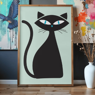 Modern Minimalist Stylish Retro Atomic Black Cat Poster