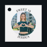 Modern Minimalist Sweet 16 Birthday Circle Photo Favour Tags<br><div class="desc">Create your own personalised white border round photo square favour tag for your her 16th birthday. Customise the solid white background colour or the black text colour to match your photo. If you change the font type or size, you can fine tune the curvature of the text in small increments....</div>