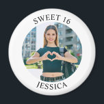 Modern Minimalist Sweet 16 Birthday Circle Photo Magnet<br><div class="desc">Create your own personalised white border photo round kitchen magnet for your her 16th birthday. Customise the solid white background colour or the black text colour to match your photo. If you change the font type or size, you can fine tune the curvature of the text in small increments. Have...</div>