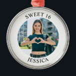 Modern Minimalist Sweet 16 Birthday Circle Photo Metal Ornament<br><div class="desc">Create your own personalised white border photo round premium Christmas keepsake ornament for your her 16th birthday. Customise the solid white background colour or the black text colour to match your photo. If you change the font type or size, you can fine tune the curvature of the text in small...</div>