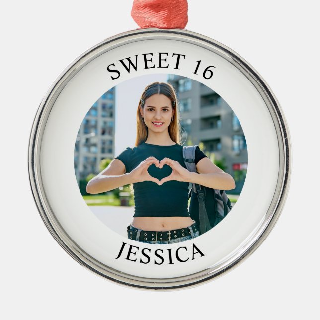 Modern Minimalist Sweet 16 Birthday Circle Photo Metal Ornament (Front)