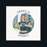 Modern Minimalist Sweet 16 Birthday Circle Photo Napkin<br><div class="desc">Create your own personalised white border round photo paper party napkins for your her 16th birthday. Customise the solid white background colour or the black text colour to match your photo. If you change the font type or size, you can fine tune the curvature of the text in small increments....</div>