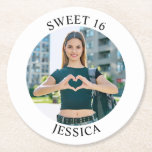 Modern Minimalist Sweet 16 Birthday Circle Photo Round Paper Coaster<br><div class="desc">Create your own personalised white border round photo paper party coaster for your her 16th birthday. Customise the solid white background colour or the black text colour to match your photo. If you change the font type or size, you can fine tune the curvature of the text in small increments....</div>