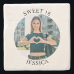 Modern Minimalist Sweet 16 Birthday Circle Photo Stone Coaster<br><div class="desc">Create your own personalised white border round photo stone coaster for your her 16th birthday. Customise the solid white background colour or the black text colour to match your photo. If you change the font type or size, you can fine tune the curvature of the text in small increments. Have...</div>