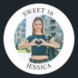 Modern Minimalist Sweet 16 Birthday Photo Classic Round Sticker<br><div class="desc">Create your own personalised white border photo round envelope seals for your her 16th birthday. Customise the solid white background colour or the black text colour to match your photo. If you change the font type or size, you can fine tune the curvature of the text in small increments. Have...</div>