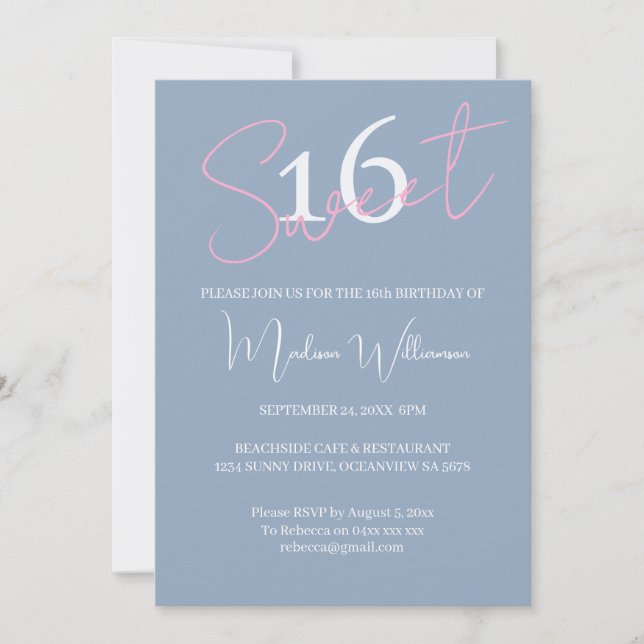 Modern Minimalist Sweet 16 Pink Blue Birthday Invitation (Front)
