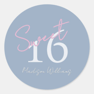 Modern Minimalist Sweet 16th Pink Blue Birthday Classic Round Sticker