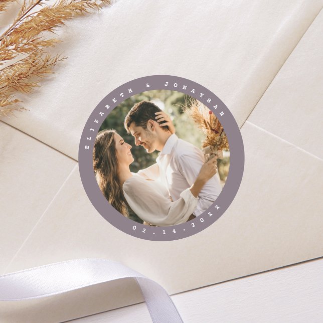 Modern Minimalist Taupe Grey Neutral Wedding Photo Classic Round Sticker (Creator Uploaded)