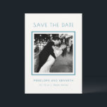 Modern Minimalist Teal Blue Border Photo Wedding Save The Date<br><div class="desc">This wedding announcement card features a centered photo framed by a blue border with a clean, modern layout. The design highlights your photo and wedding details in a simple, easy-to-read format. The back includes a QR code linking to your wedding website, making it easy for guests to find more information....</div>