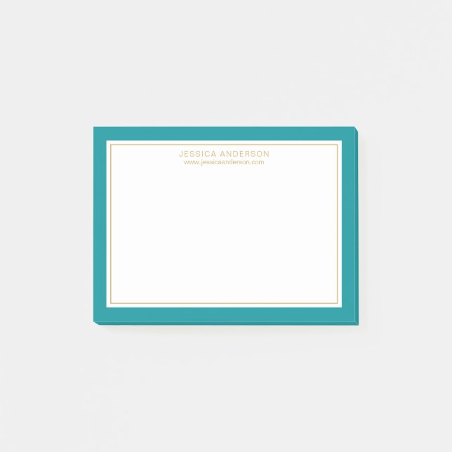 Modern Minimalist Teal Gold Border Personalised Post-it Notes (Front)