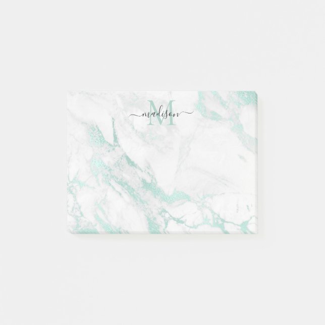 Modern Minimalist Teal Green Marble Monogram Name Post-it Notes (Front)