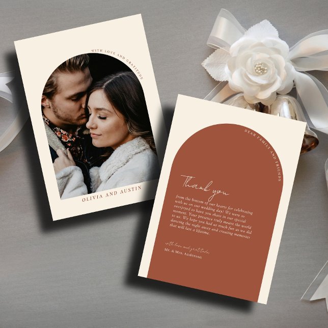 Modern Minimalist Terracotta Arch Wedding Photo Thank You Card (Creator Uploaded)