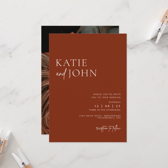 Modern Minimalist Terracotta Boho Wedding Invitation (Front/Back In Situ)