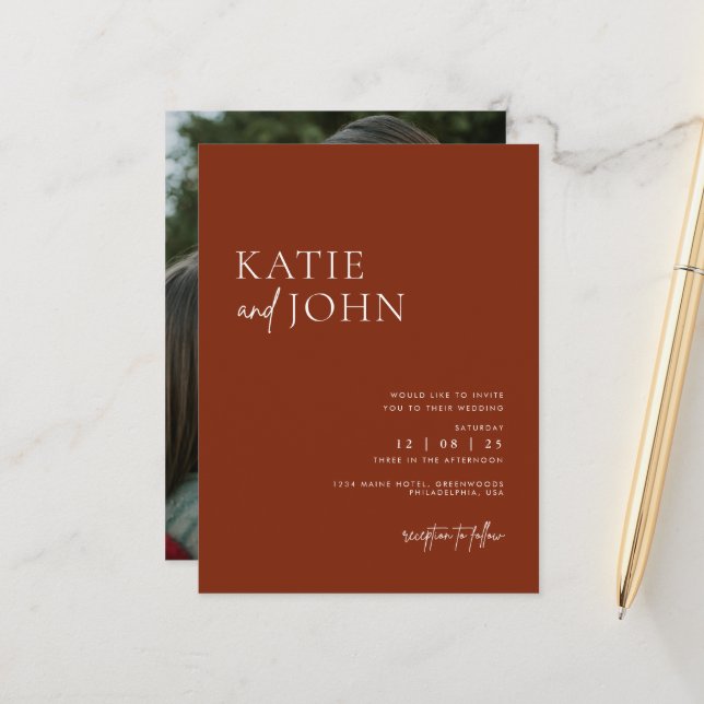 Modern Minimalist Terracotta Boho Wedding Photo Announcement Postcard (Front/Back In Situ)