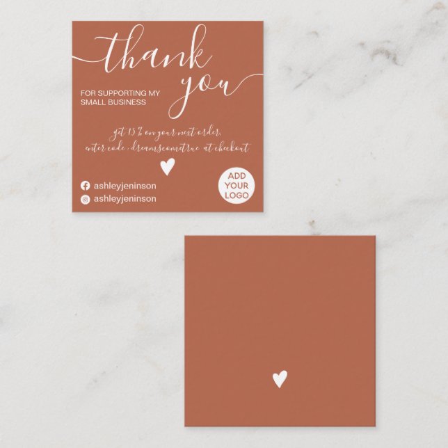 Modern minimalist terracotta order thank you square business card (Front/Back)